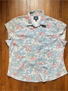 Vtg Y2K Gitano chambray button up shirt butterfly cottage XL cap sleeves